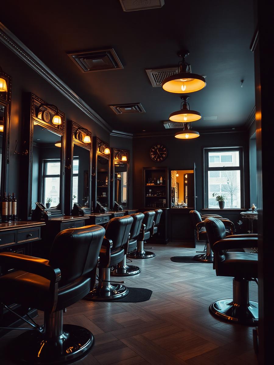 Interior da barbearia com cadeiras de couro